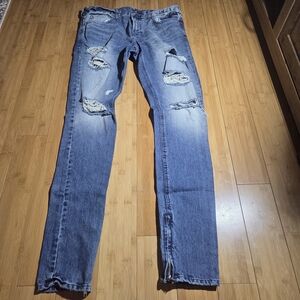 PacSun Stacked Skinny Distressed Blue Jeans Mens 32x34 Ankle Zip Ripped Faded